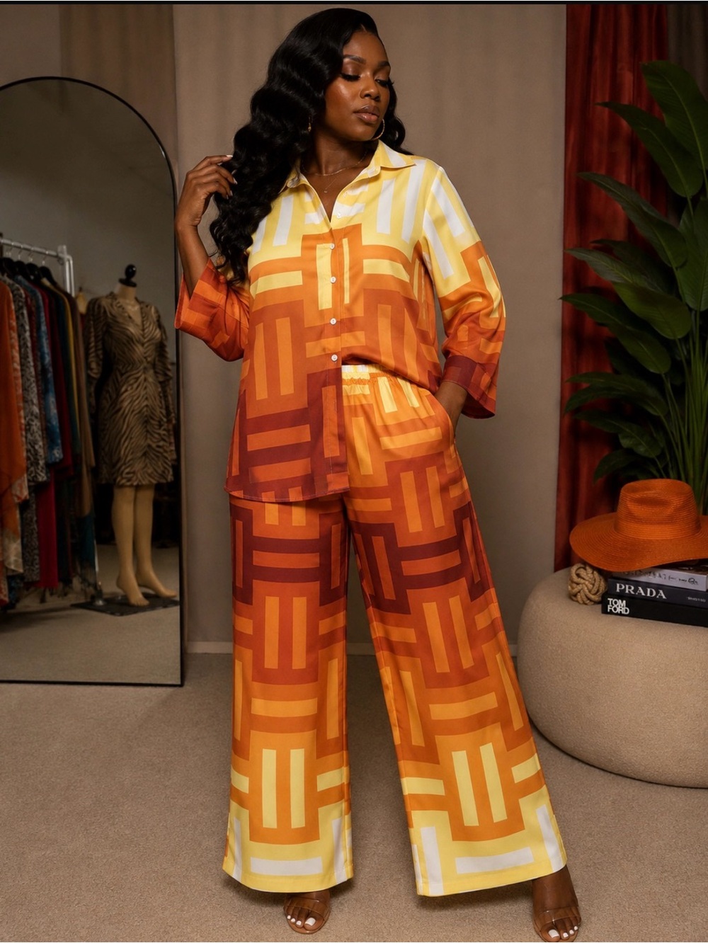 Geometric Print Wide-Leg two piece outfit - Orange Multi